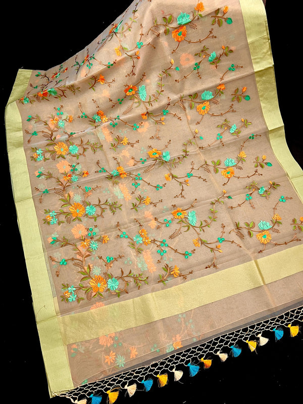 Handmade Embroidery Beige Color Banarasi Kora Organza Saree with Raw Silk Patta on the Border