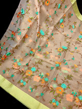 Handmade Embroidery Beige Color Banarasi Kora Organza Saree with Raw Silk Patta on the Border