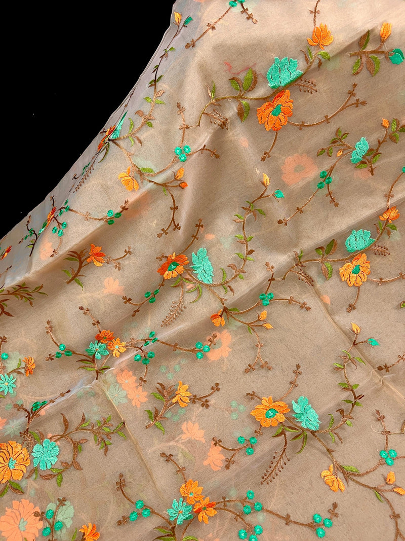 Handmade Embroidery Beige Color Banarasi Kora Organza Saree with Raw Silk Patta on the Border