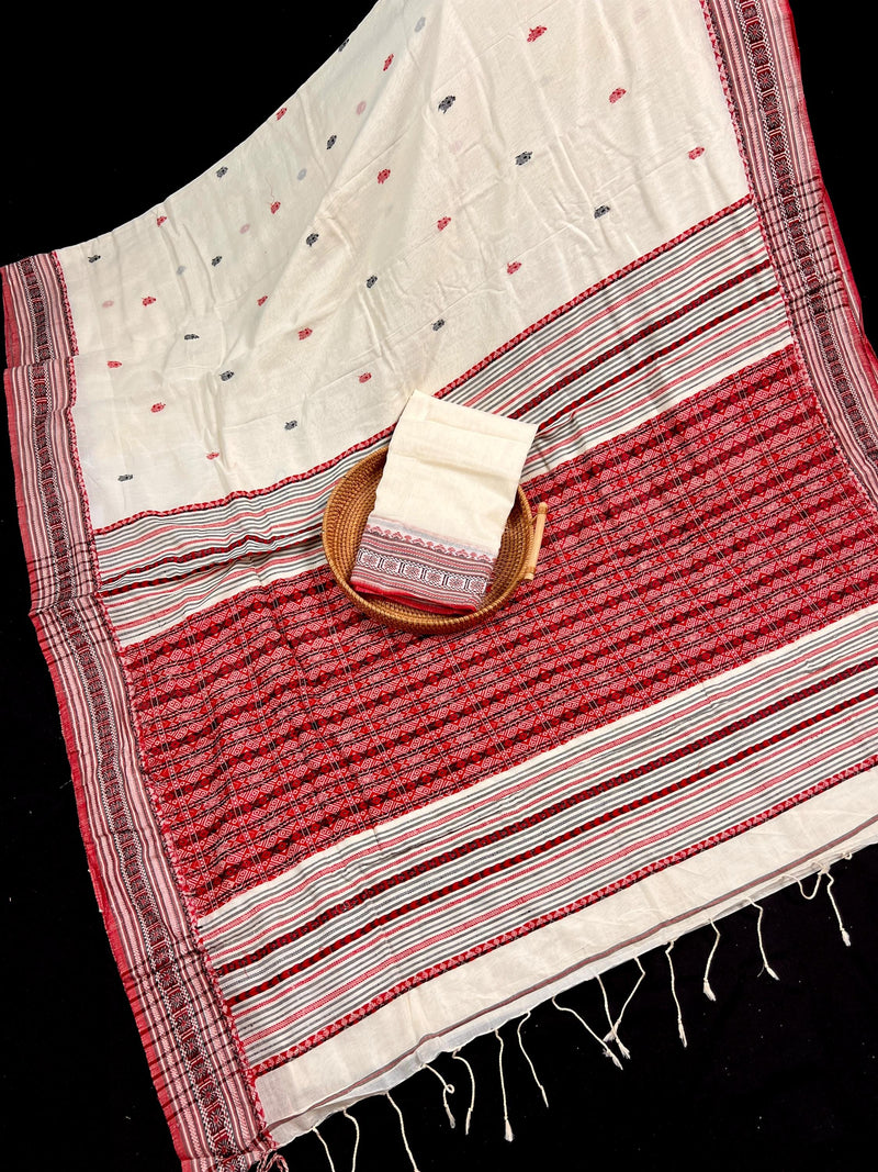 Handwoven Ivory and Red Color Pure Bengal Soft Cotton Saree - Handloom Pure Cotton Saree