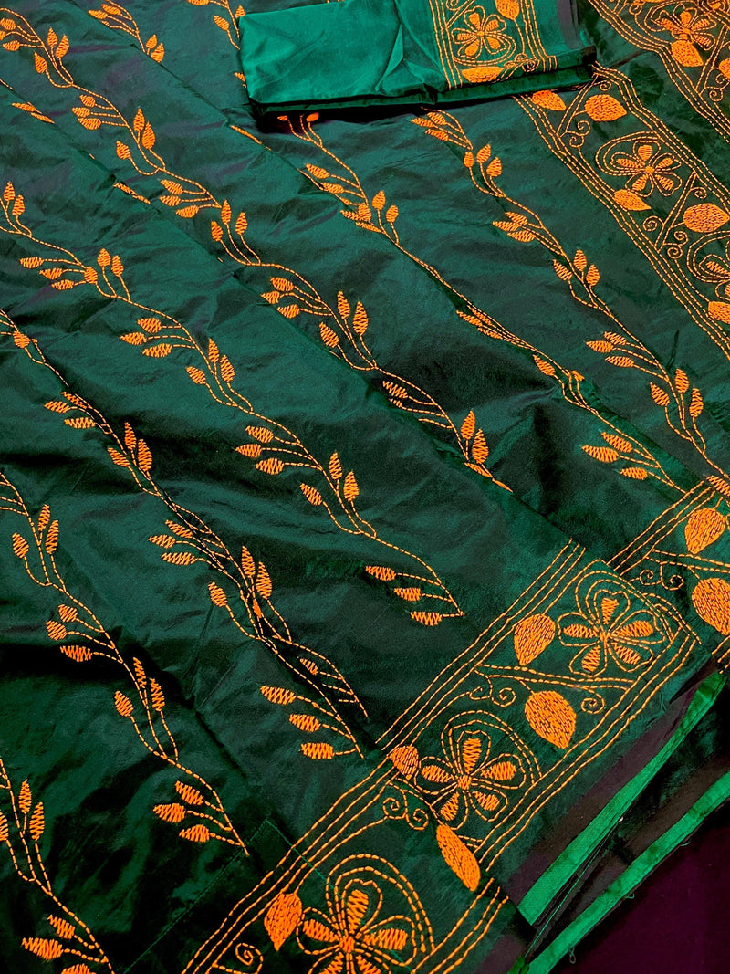 Bottle Green Bangalori Silk Saree with Yellow Thread Hand Kantha Stitch | Handwoven Kantha Stitch Sarees | Kantha Saress | Bengal Sarees