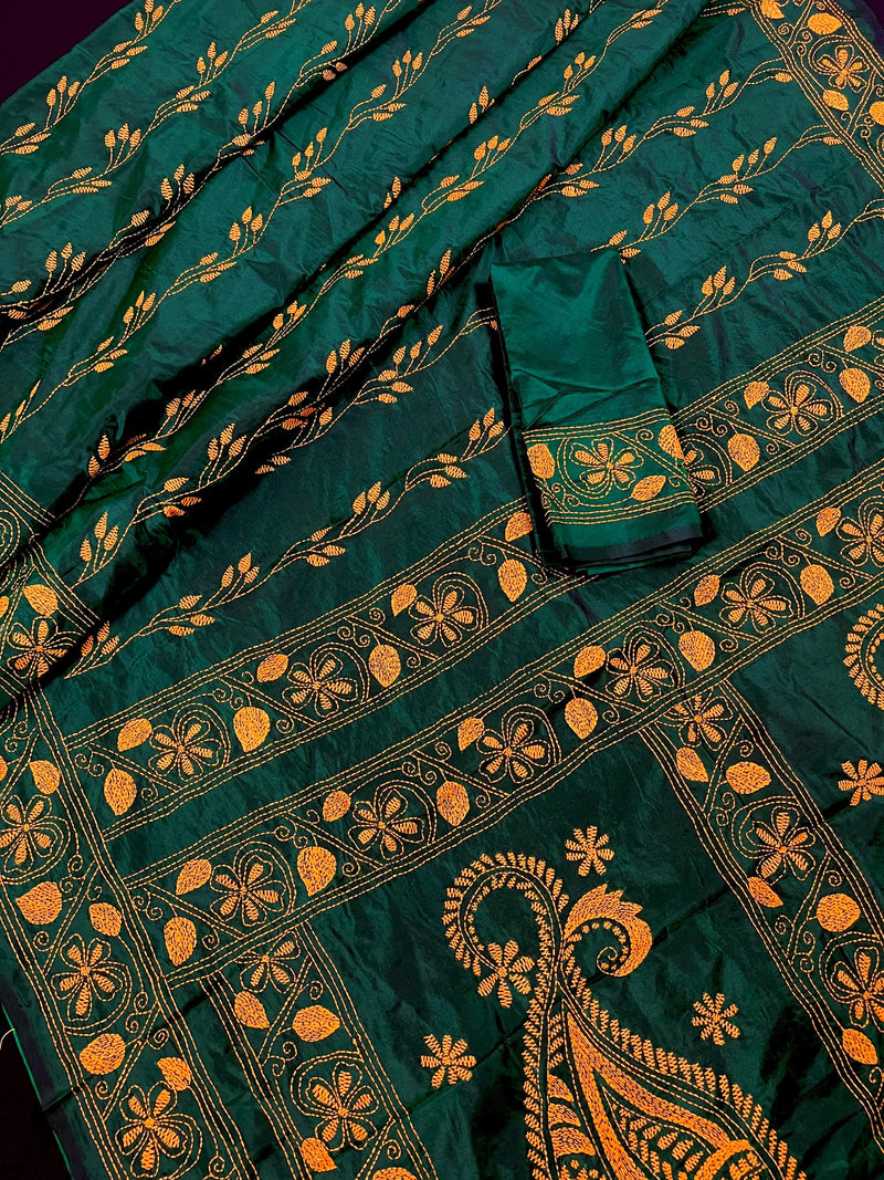 Bottle Green Bangalori Silk Saree with Yellow Thread Hand Kantha Stitch | Handwoven Kantha Stitch Sarees | Kantha Saress | Bengal Sarees