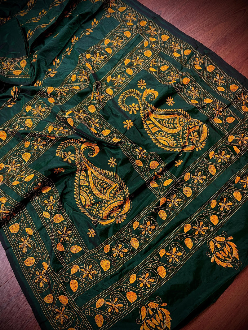 Bottle Green Bangalori Silk Saree with Yellow Thread Hand Kantha Stitch | Handwoven Kantha Stitch Sarees | Kantha Saress | Bengal Sarees