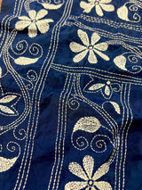 Blue Color Bangalori Silk Saree with Hand Kantha Stitch | Handwoven Kantha Stitch Sarees | Kantha Saress | Silk Sarees | Bengal Sarees