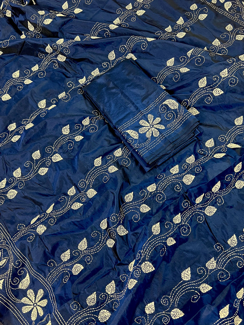 Blue Color Bangalori Silk Saree with Hand Kantha Stitch | Handwoven Kantha Stitch Sarees | Kantha Saress | Silk Sarees | Bengal Sarees