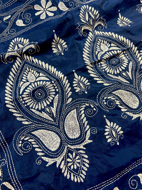 Blue Color Bangalori Silk Saree with Hand Kantha Stitch | Handwoven Kantha Stitch Sarees | Kantha Saress | Silk Sarees | Bengal Sarees