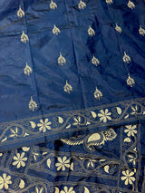 Blue Color Bangalori Silk Saree with Hand Kantha Stitch | Handwoven Kantha Stitch Sarees | Kantha Saress | Silk Sarees | Bengal Sarees