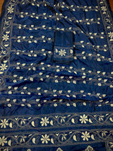 Blue Color Bangalori Silk Saree with Hand Kantha Stitch | Handwoven Kantha Stitch Sarees | Kantha Saress | Silk Sarees | Bengal Sarees