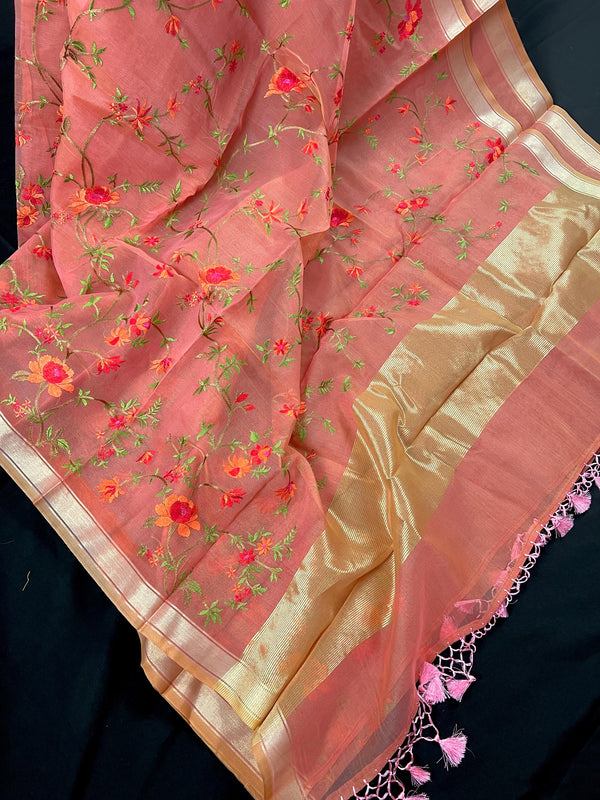 Coral Banarasi Kora Saree with Floral Embroidery Work with Zari Borders and Pallu