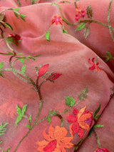 Coral Banarasi Kora Saree with Floral Embroidery Work with Zari Borders and Pallu