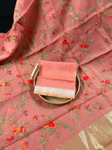 Coral Banarasi Kora Saree with Floral Embroidery Work with Zari Borders and Pallu