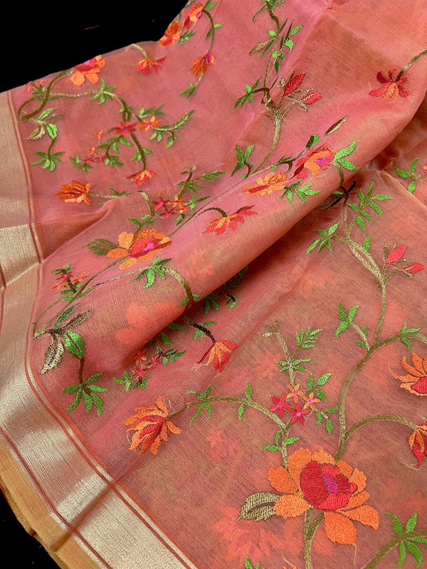 Coral Banarasi Kora Saree with Floral Embroidery Work with Zari Borders and Pallu