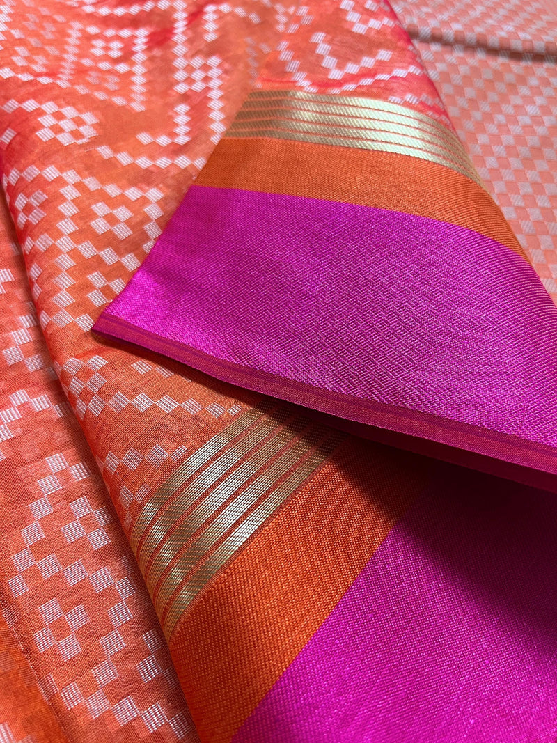 Handmade Orange Color Saree -  Banarasi Handloom Cotton Silk Saree - Resham Weave