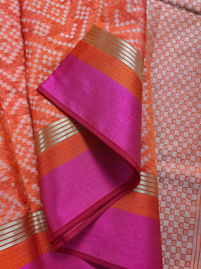 Handmade Orange Color Saree -  Banarasi Handloom Cotton Silk Saree - Resham Weave