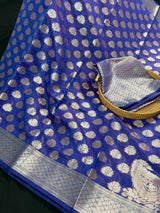 Blue Color Banarasi Cotton Silk Saree with tint of Purple - Koniya Design - Muted Sliver Zari Weave - Banarasi Silk Sarees