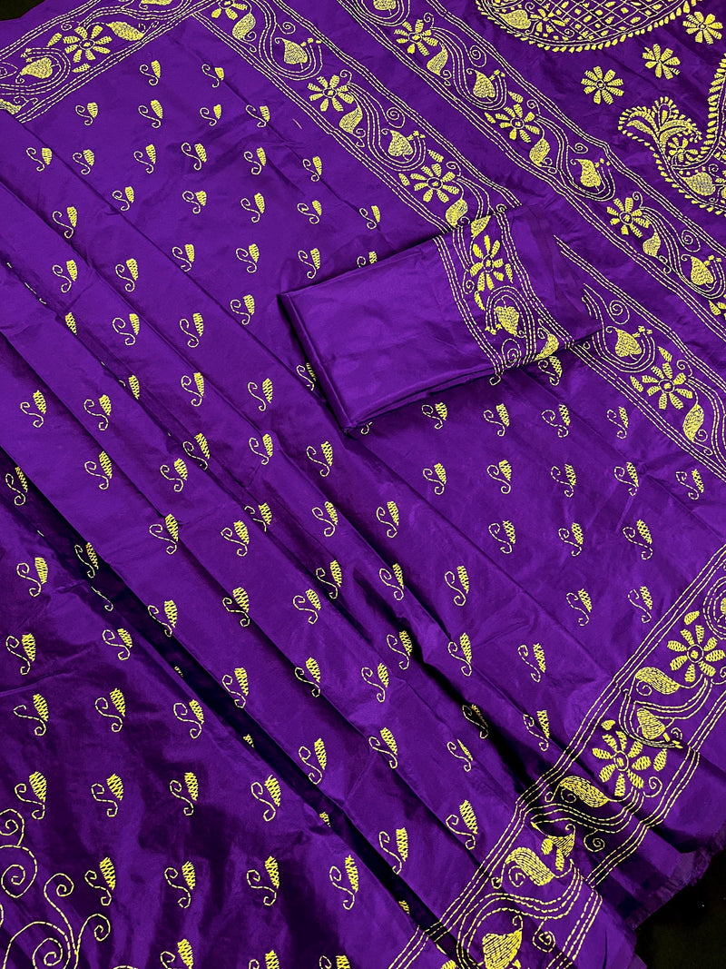 Purple Color Kantha Stitch Saree - Bangalori Silk Saree  - Handwoven Kantha Stitch Sarees - Kantha Stitch Silk Saree