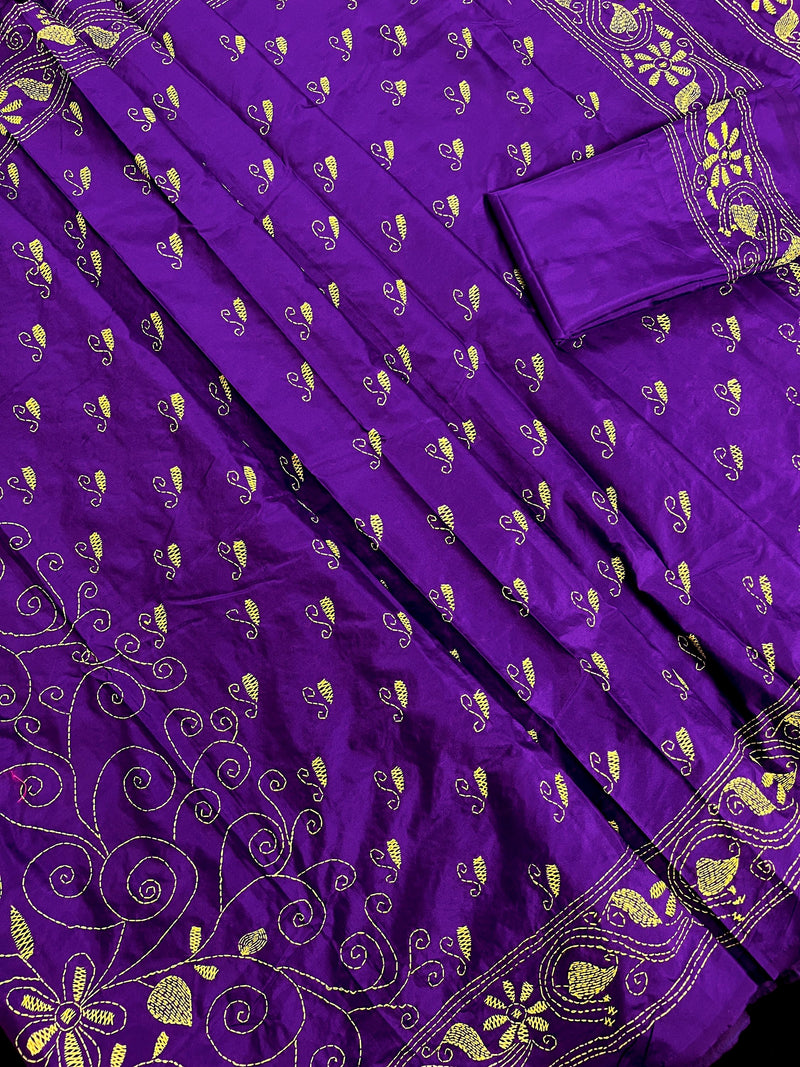 Purple Color Kantha Stitch Saree - Bangalori Silk Saree  - Handwoven Kantha Stitch Sarees - Kantha Stitch Silk Saree