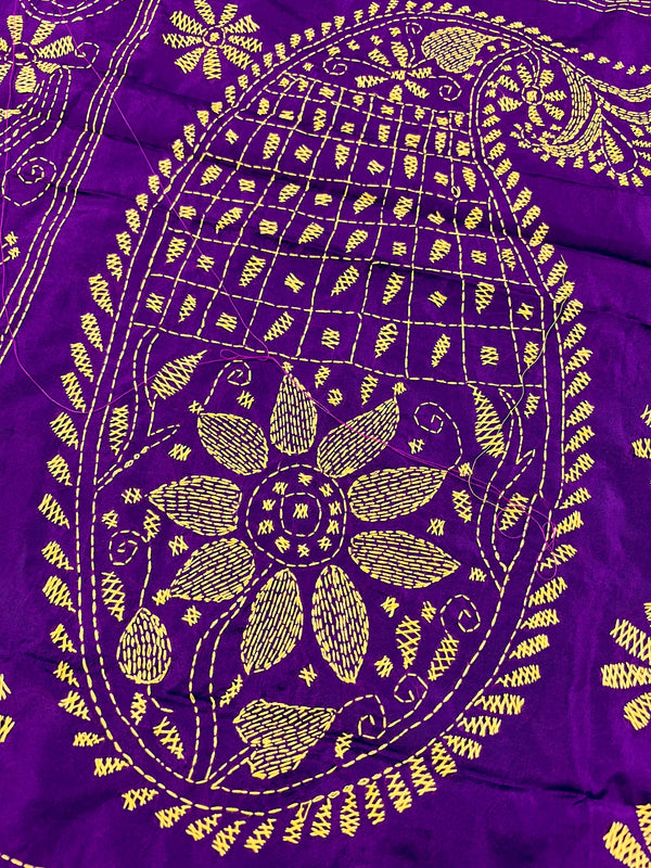 Purple Color Kantha Stitch Saree - Bangalori Silk Saree  - Handwoven Kantha Stitch Sarees - Kantha Stitch Silk Saree