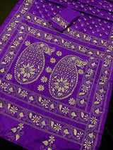 Purple Color Kantha Stitch Saree - Bangalori Silk Saree  - Handwoven Kantha Stitch Sarees - Kantha Stitch Silk Saree