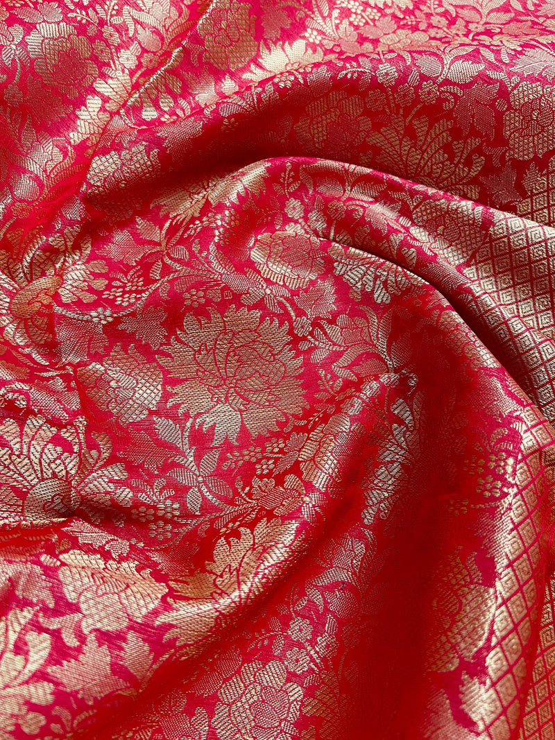 Statement Bright Pink Banarasi Soft Silk Saree - Floral Jaal Weave in Gold Zari