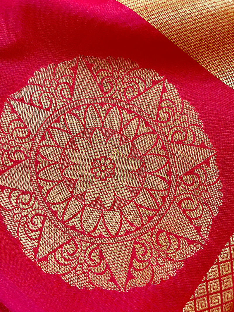 Statement Bright Pink Banarasi Soft Silk Saree - Floral Jaal Weave in Gold Zari