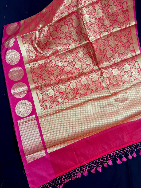 Statement Bright Pink Banarasi Soft Silk Saree - Floral Jaal Weave in Gold Zari