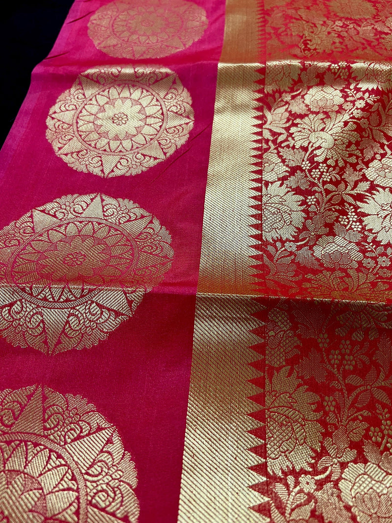 Statement Bright Pink Banarasi Soft Silk Saree - Floral Jaal Weave in Gold Zari