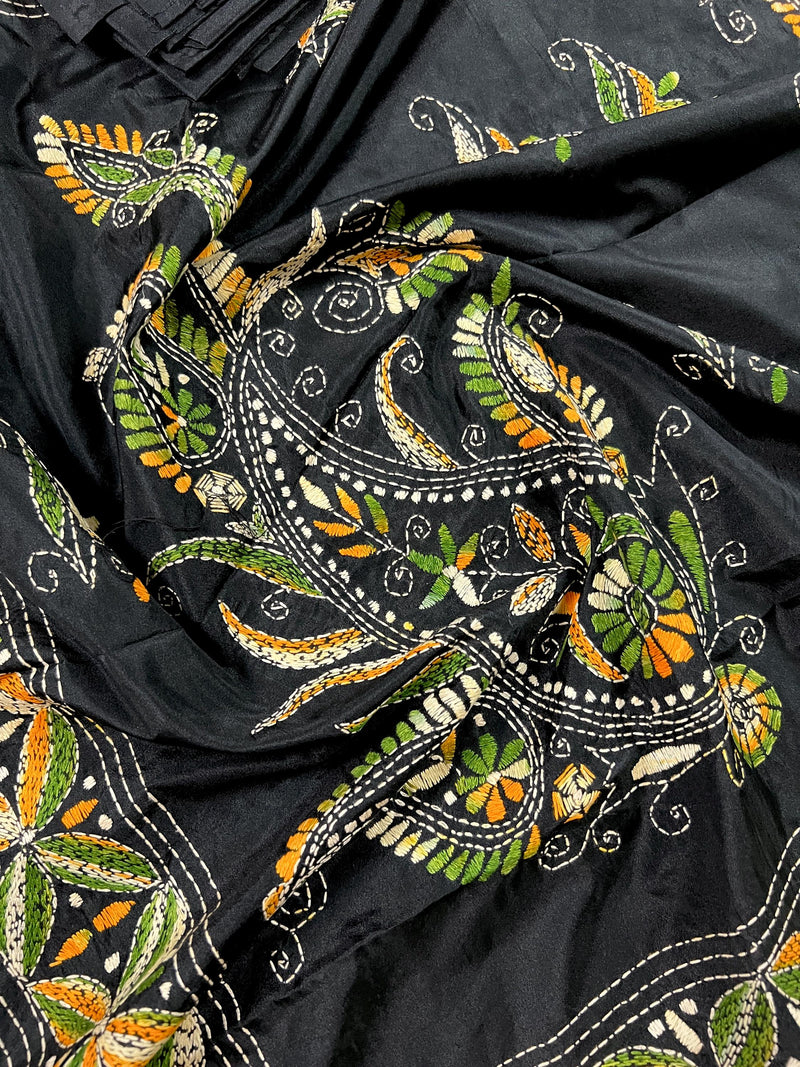 Black color Bangalori Silk Saree with Multi Color HandKantha Stitch Work - Handwoven Kantha Stitch Sarees - Kantha Saree