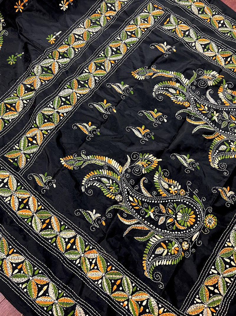 Black color Bangalori Silk Saree with Multi Color HandKantha Stitch Work - Handwoven Kantha Stitch Sarees - Kantha Saree