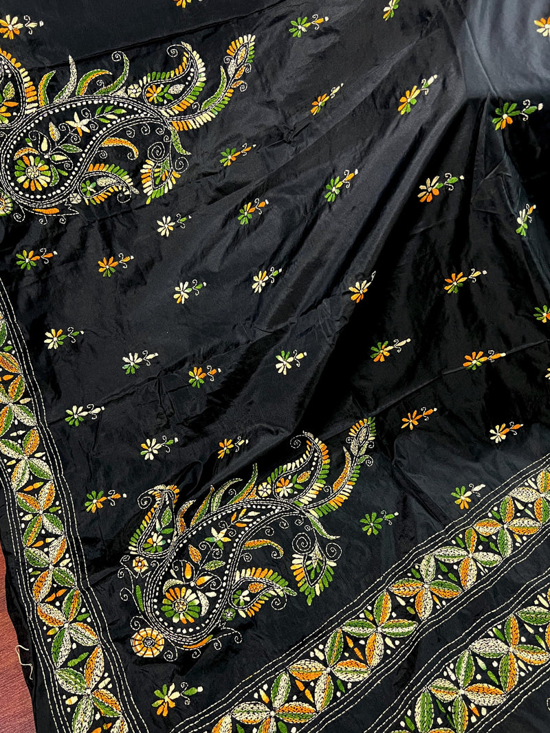 Black color Bangalori Silk Saree with Multi Color HandKantha Stitch Work - Handwoven Kantha Stitch Sarees - Kantha Saree