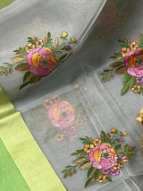 Handmade Grey Color Banarasi Kora Organza Saree with Lime Green Raw Silk Patta on the Border - Flower Bunch Embroidery