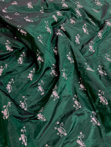 Bottle Green Color Bangalori Silk Saree with White Thread Hand Kantha Stitch - Handwoven Kantha Stitch Sarees - Kantha Sarees