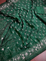 Bottle Green Color Bangalori Silk Saree with White Thread Hand Kantha Stitch - Handwoven Kantha Stitch Sarees - Kantha Sarees