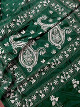 Bottle Green Color Bangalori Silk Saree with White Thread Hand Kantha Stitch - Handwoven Kantha Stitch Sarees - Kantha Sarees