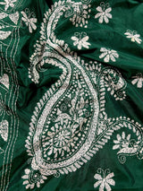 Bottle Green Color Bangalori Silk Saree with White Thread Hand Kantha Stitch - Handwoven Kantha Stitch Sarees - Kantha Sarees