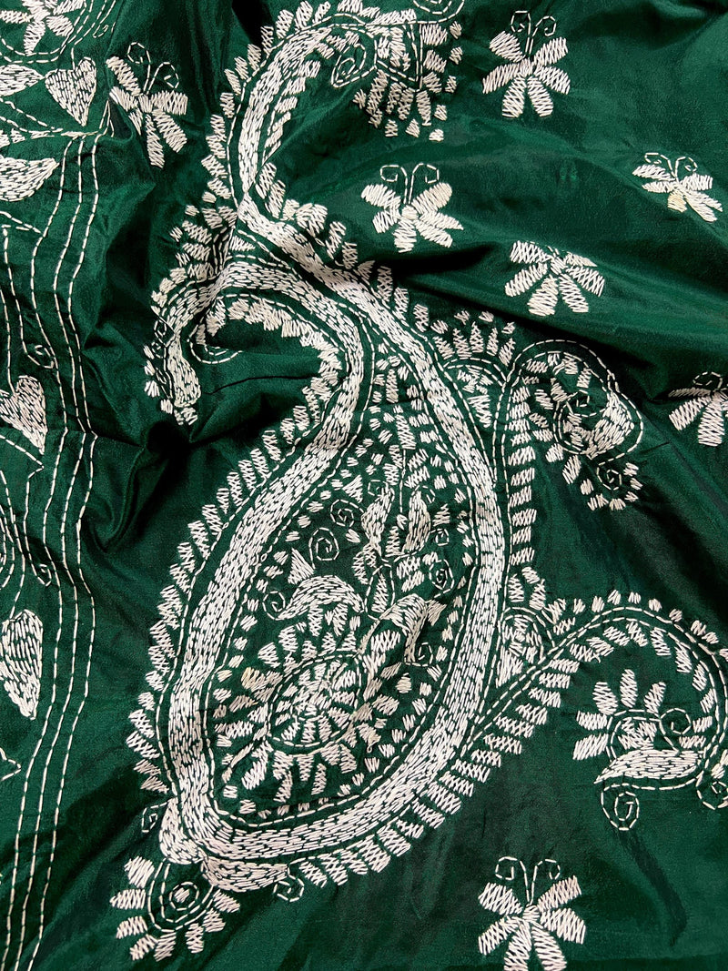 Bottle Green Color Bangalori Silk Saree with White Thread Hand Kantha Stitch - Handwoven Kantha Stitch Sarees - Kantha Sarees