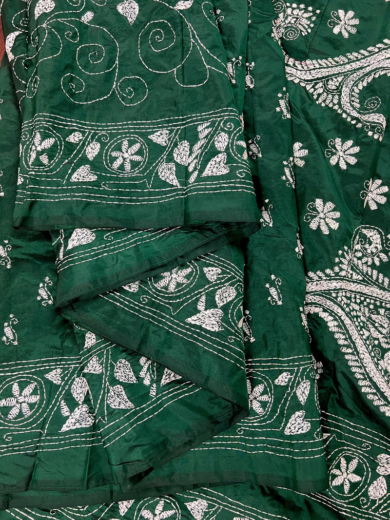 Bottle Green Color Bangalori Silk Saree with White Thread Hand Kantha Stitch - Handwoven Kantha Stitch Sarees - Kantha Sarees