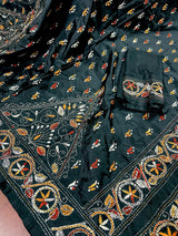 Handmade Black Color Bangalori Silk Saree with Multi Color Kantha Stitch Work - Handwoven Kantha Stitch Sarees - Kantha Saree