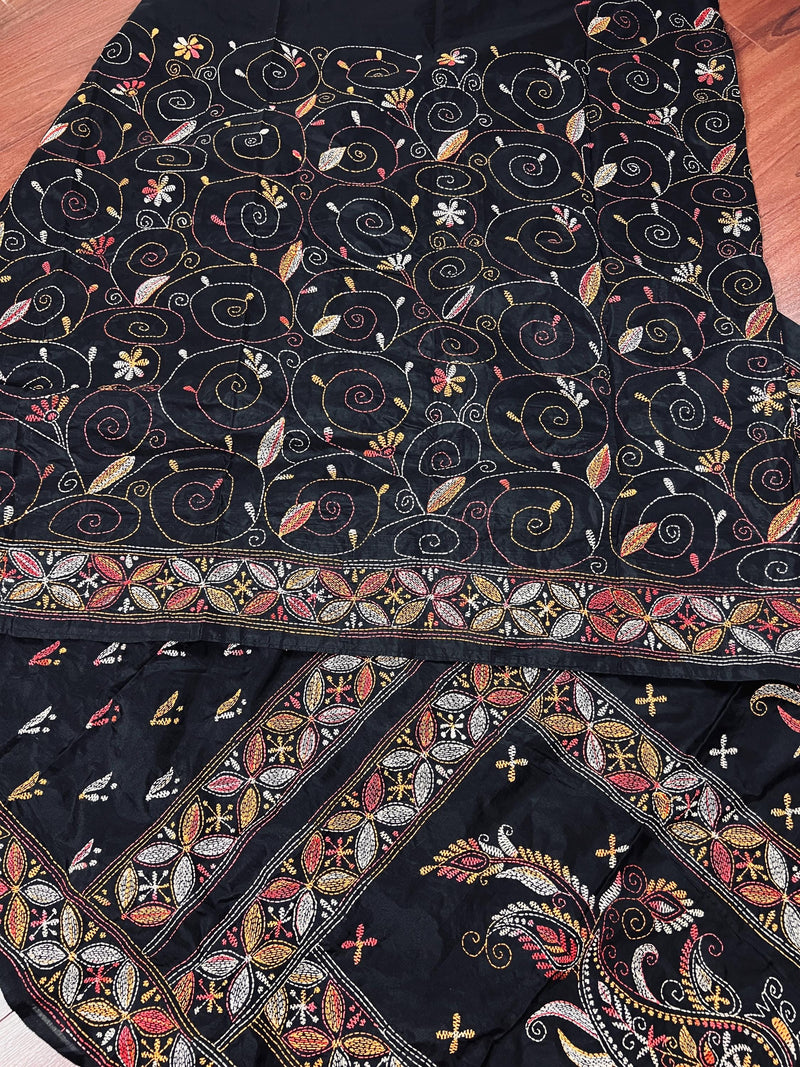 Handmade Kantha Stitch Black  Color Saree in Bangalori Silk  - Handwoven Kantha Stitch Sarees - Kantha Saree - Bengal Saree