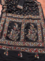 Handmade Kantha Stitch Black  Color Saree in Bangalori Silk  - Handwoven Kantha Stitch Sarees - Kantha Saree - Bengal Saree