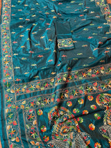 Teal Color Bangalori Silk Saree with Hand Kantha Stitch - Handwoven Kantha Stitch Sarees - Kantha Saree