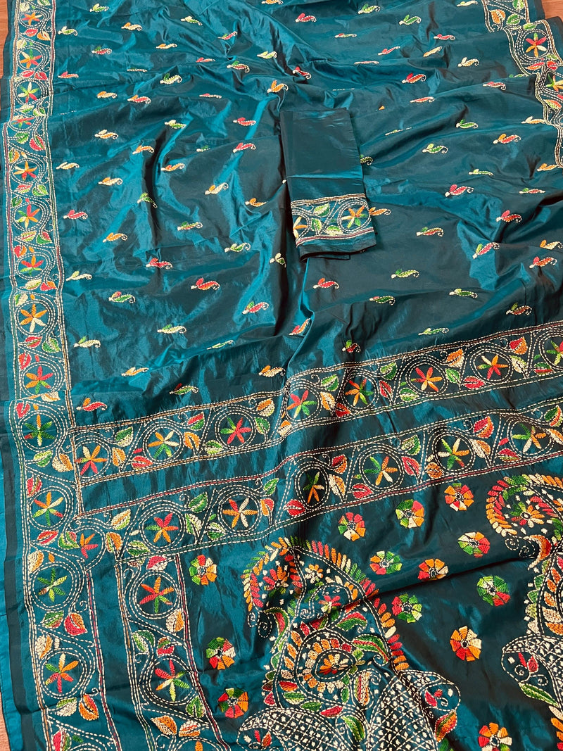 Teal Color Bangalori Silk Saree with Hand Kantha Stitch - Handwoven Kantha Stitch Sarees - Kantha Saree