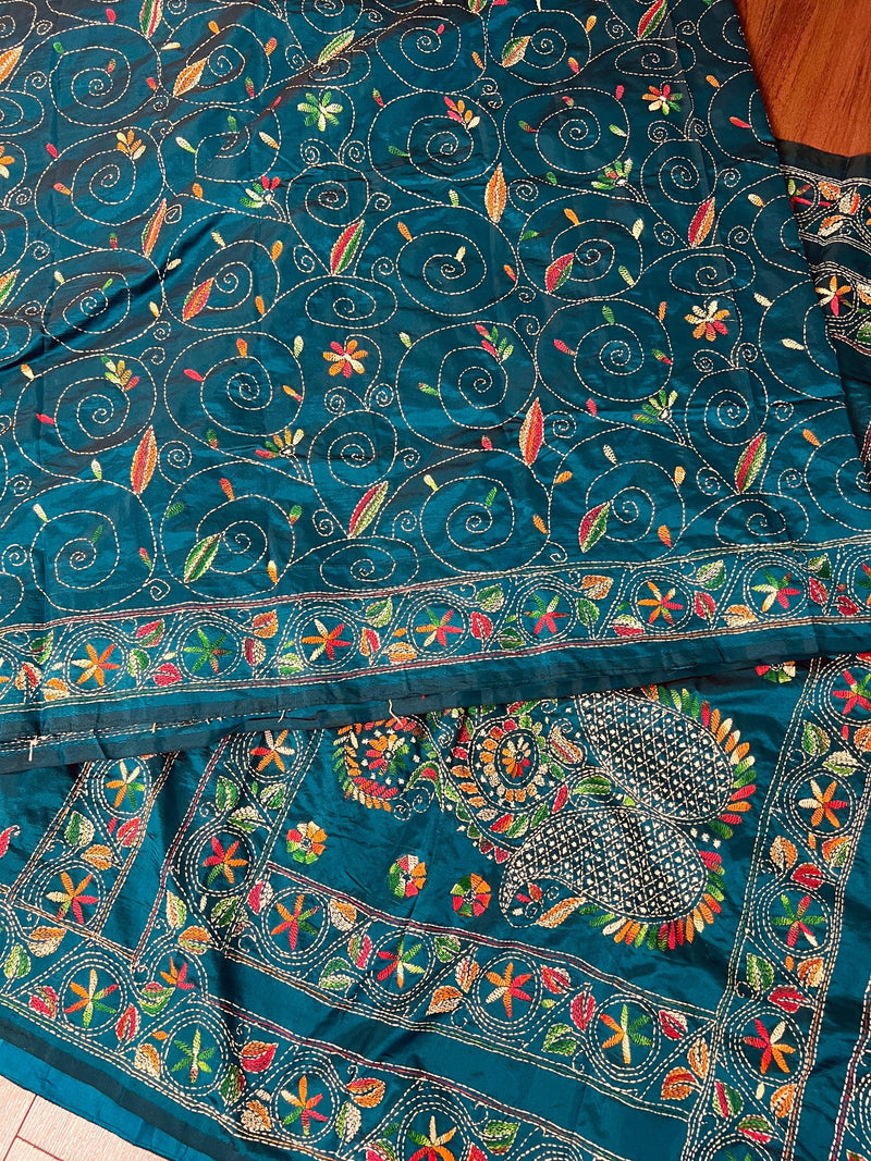 Teal Color Bangalori Silk Saree with Hand Kantha Stitch - Handwoven Kantha Stitch Sarees - Kantha Saree