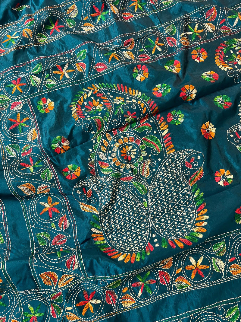 Teal Color Bangalori Silk Saree with Hand Kantha Stitch - Handwoven Kantha Stitch Sarees - Kantha Saree