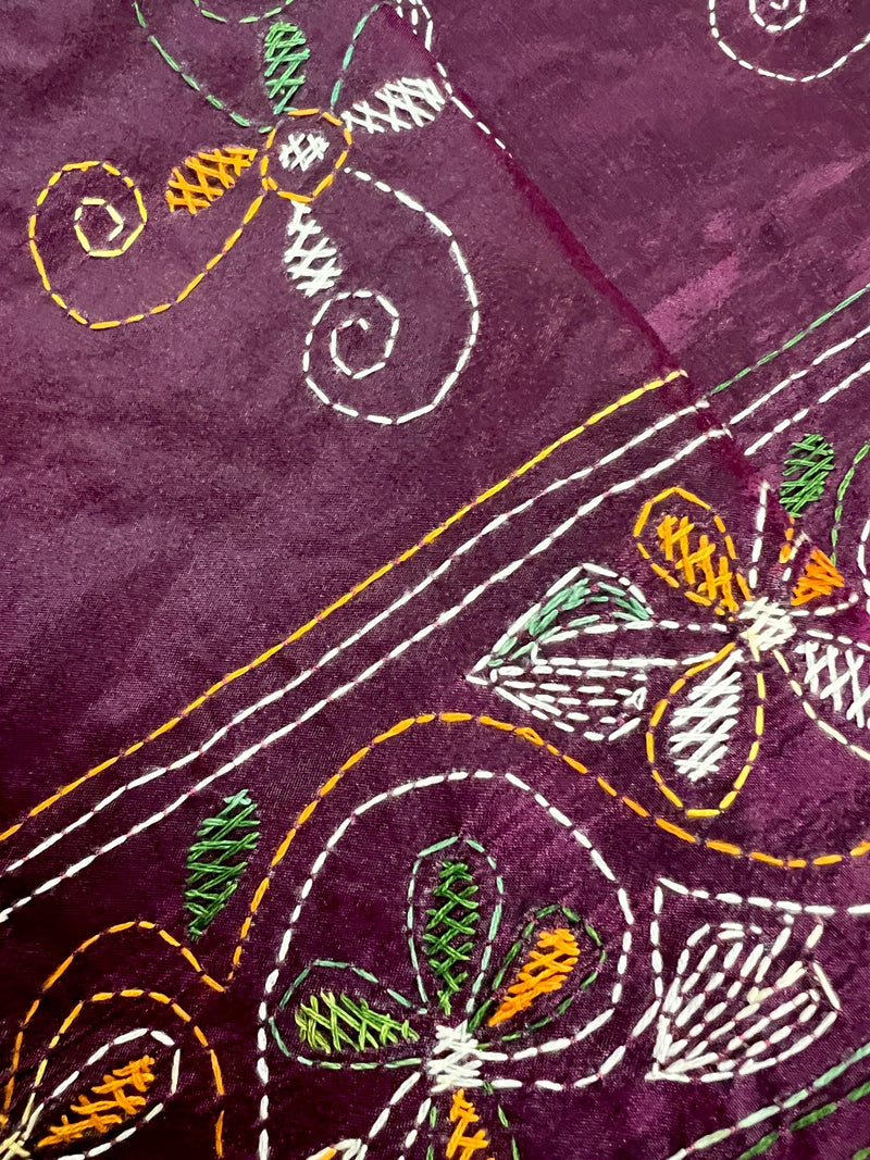 Burgundy Color Bangalori Silk Saree with Hand Kantha Stitch - Handwoven Kantha Stitch Sarees - Kantha Saress