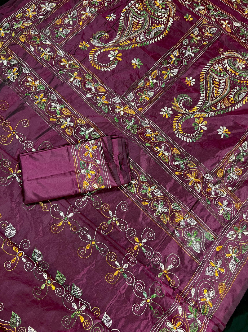 Burgundy Color Bangalori Silk Saree with Hand Kantha Stitch - Handwoven Kantha Stitch Sarees - Kantha Saress