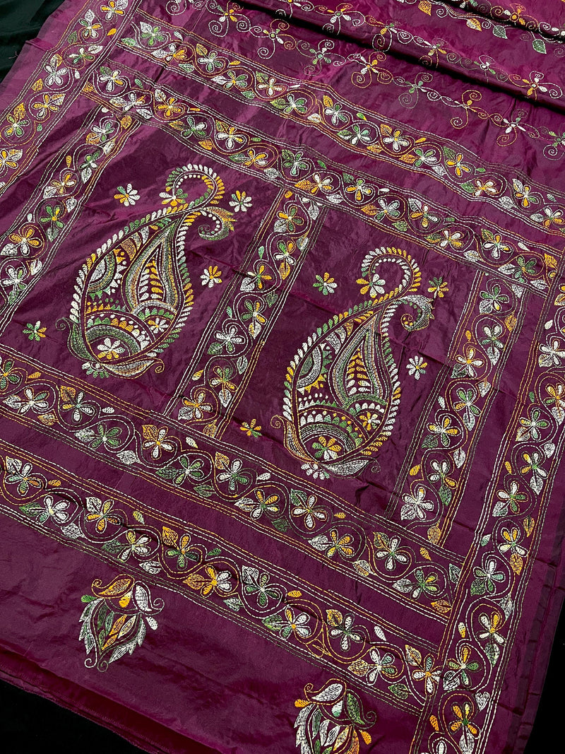 Burgundy Color Bangalori Silk Saree with Hand Kantha Stitch - Handwoven Kantha Stitch Sarees - Kantha Saress