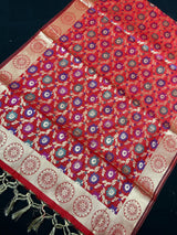 Red Color Banarasi Silk Dupatta - Floral Jaal with Meenakari - Gold Zari Weaving Dupatta - Dupatta Gift For Her - Dupatta for Lehenga