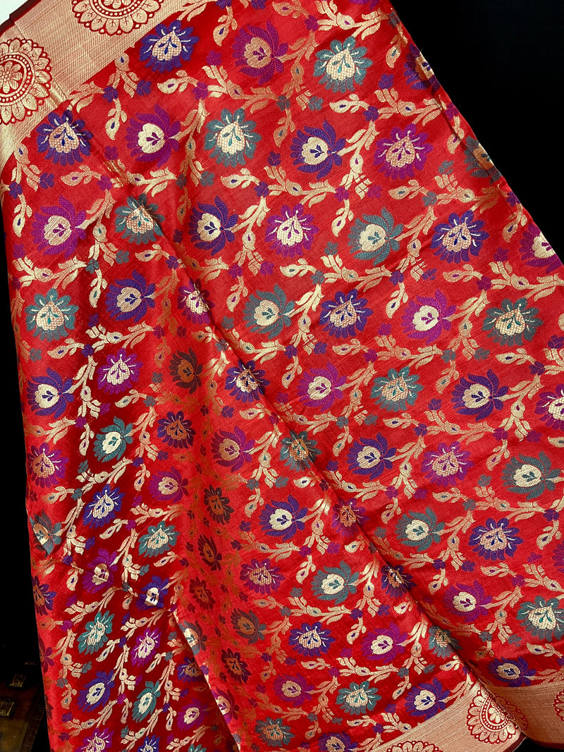 Red Color Banarasi Silk Dupatta - Floral Jaal with Meenakari - Gold Zari Weaving Dupatta - Dupatta Gift For Her - Dupatta for Lehenga