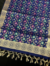 Blue Color Banarasi Silk Dupatta - Floral Jaal with Meenakari - Muted Gold Zari Weaving Dupatta - Dupatta Gift For Her - Dupatta for Lehenga